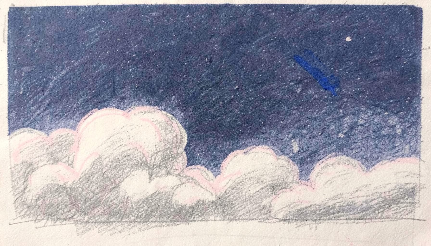 A graphite pencil sketch of soft, rounded clouds drifting across a calm navy sky with pale pink highlights along the edges, evoking a quiet, welcoming mood.